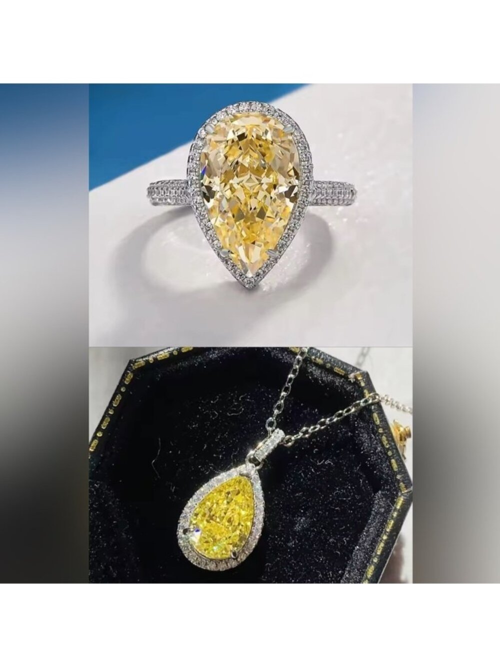 Rosé Elegance Yellow Halo Diamond Silver Ring&Necklace Set